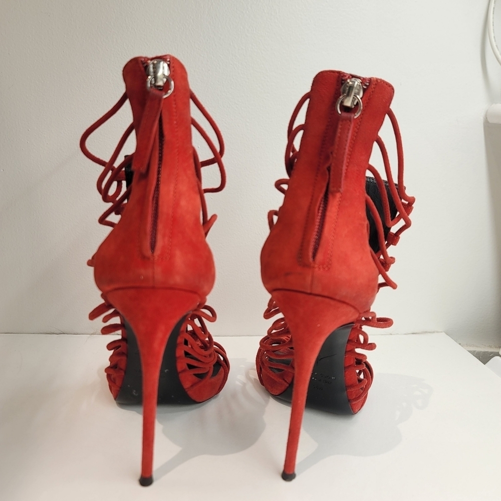 Giuseppe Zanotti Red Strappy Suede Stiletto Heels - Picture 5 of 14